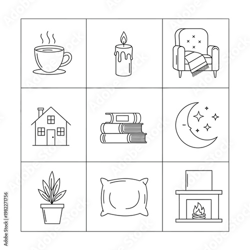 Cozy Home Icons: Hygge Lifestyle Collection - Coffee, Candle, Armchair, House, Books, Moon, Plant, Pillow, Fireplace