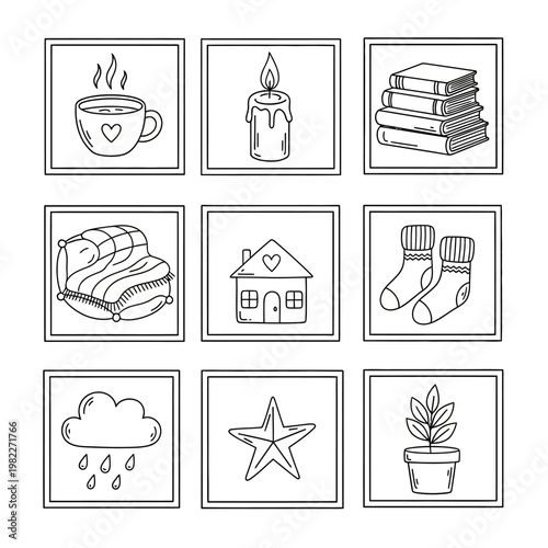 Cozy Home Icons: Hygge Set - Coffee, Candle, Books, Blanket, House, Socks, Plant