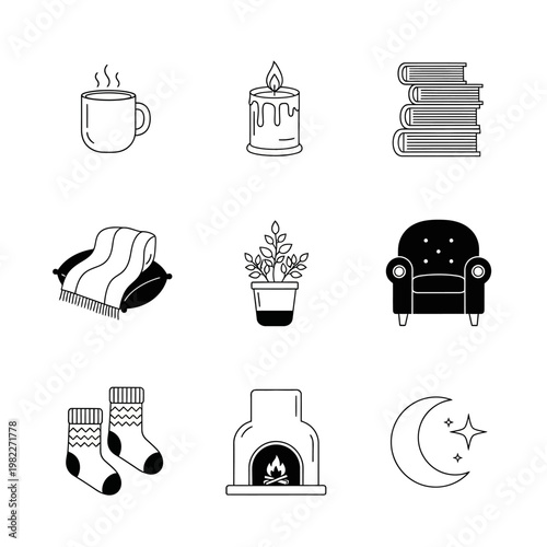 Cozy Home Icons: Mug, Candle, Books, Blanket, Plant, Chair, Socks, Fireplace, Moon