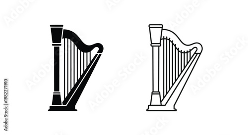 Two harps displayed in contrasting styles a stark black silhouette