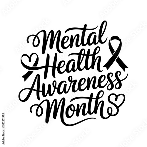 Mental health awareness month typography design with ribbon and heart elements.