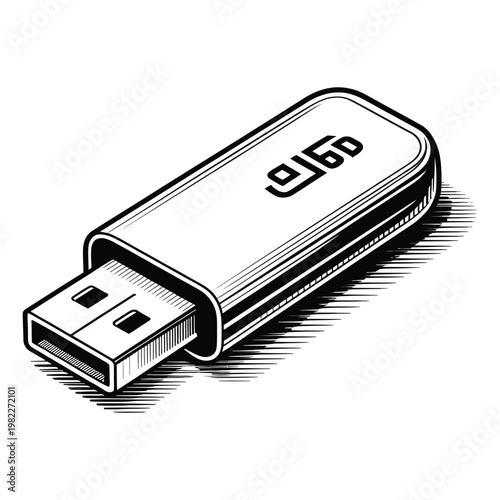 A detailed engraving style illustration of a usb flash drive predominantly white silhouette