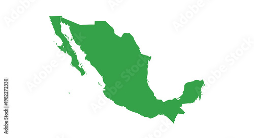 A solid green silhouette depicts the geographical shape of the country of mexico high quality professional