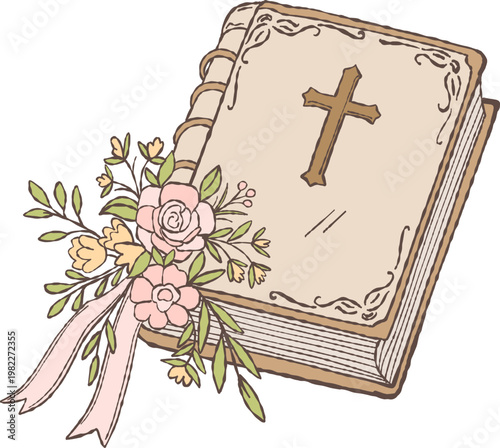 Holy Bible with cross on the cover, decorated with soft spring flowers. Hand-drawn doodle illustration in a gentle vintage style. Symbol of faith, spirituality, and Christian traditions. Suitable for 