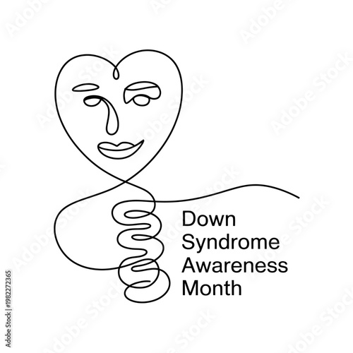 Down syndrome awareness month one line art face heart and ribbon design.