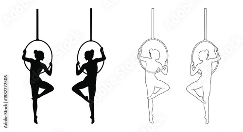Aerialists performing in hoops a striking black and white silhouette