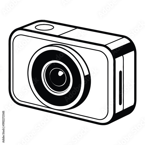 A simple black and white illustration of a compact digital camera in a flat design silhouette