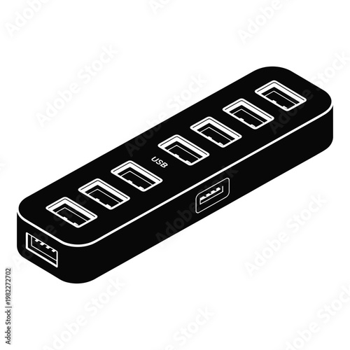 A black usb hub with multiple ports is displayed in a stark graphic silhouette