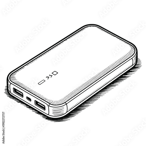 Detailed sketch of a portable power bank with charging ports a clean design silhouette