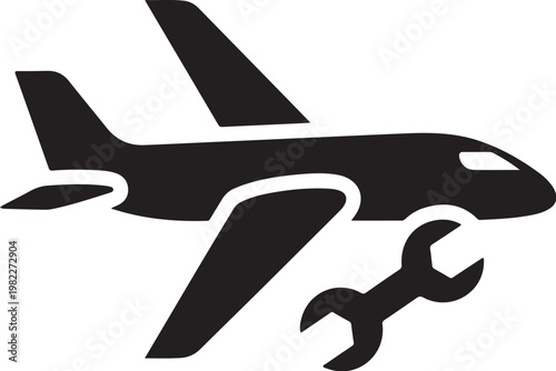 Airplane, aircraft, maintenance, repair, black, icon, symbol, vector, transportation, aviation
