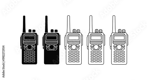 Four walkie talkies depicted in varying shades a stark silhouette