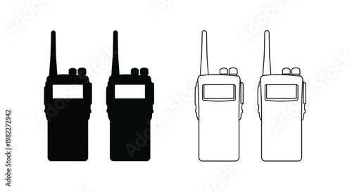 Four walkie talkies shown in contrasting black and white silhouette