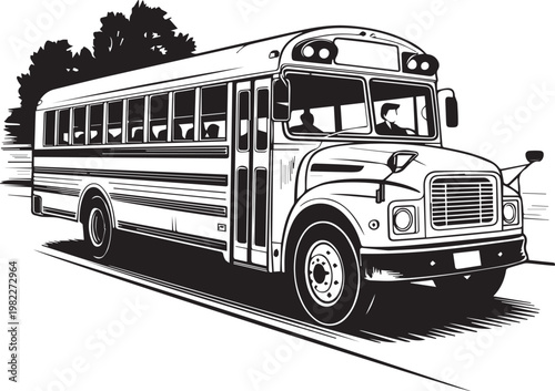 Vintage school bus driving down a quiet suburban road in black and white illustration