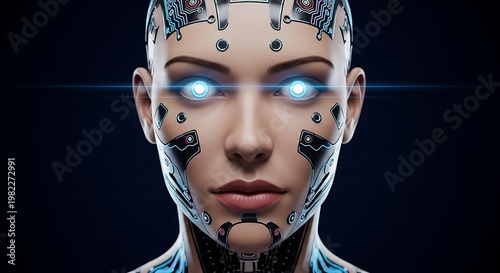 Android head features intricate mechanical circuitry and glowing blue eyes that symbolize the intersection of artificial intelligence and human-like robotic design in a dark high-tech background.