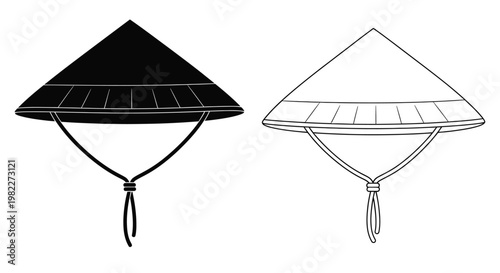 Two depictions of a traditional conical asian hat a stark silhouette