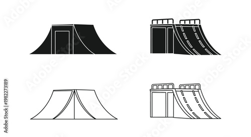 Black and white illustration of skatepark ramps in a graphic silhouette
