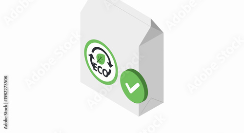 Isometric Eco-Friendly Recyclable Beverage Carton with Green Sustainable Label and Checkmark Icon, 3D Concept for Environmentally Friendly Packaging