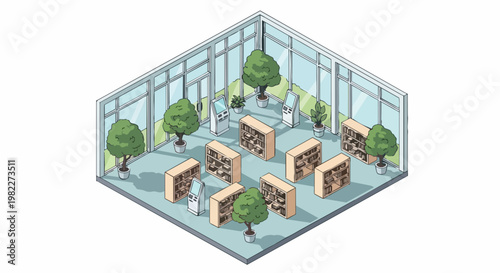 Modern Isometric Library Interior Illustration with Bookshelves, Digital Kiosks, and Indoor Trees