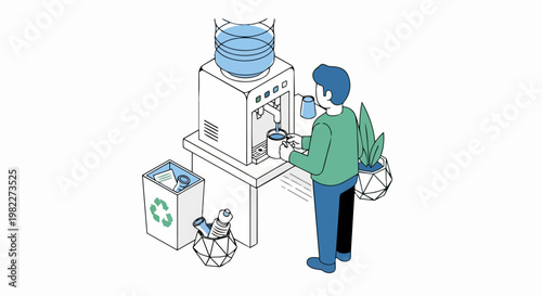 Isometric Illustration of a Man Filling a Mug at an Office Water Cooler with a Recycling Bin