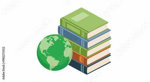 Isometric Stack of Colorful Books and Planet Earth Globe Isolated on White. Concept of Global Education, World Knowledge, Literacy, and Environmental Studies Illustration.
