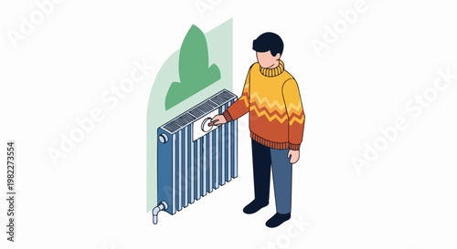 Man Adjusting Radiator Thermostat for Energy Efficiency - Isometric Illustration of Home Heating and Climate Control