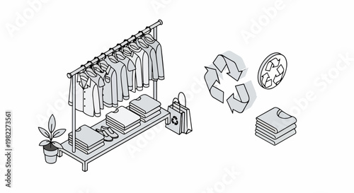 Sustainable Fashion and Clothing Recycling Concept Illustration: Isometric Line Art of Eco-Friendly Retail, Thrift Store, and Circular Economy