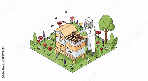 Isometric Beekeeper with Beehives in Flower Meadow Garden - Honey Production and Apiculture Illustration