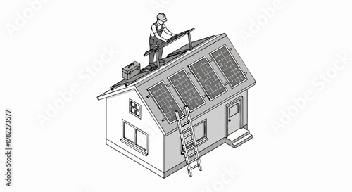 Isometric Line Art Illustration of Worker Installing Solar Panels on a Residential House Roof for Renewable Energy
