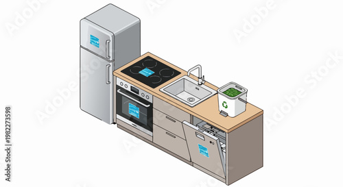 Isometric Vector Illustration of an Eco-Friendly Kitchen with Energy Efficient Appliances and Recycling Bin