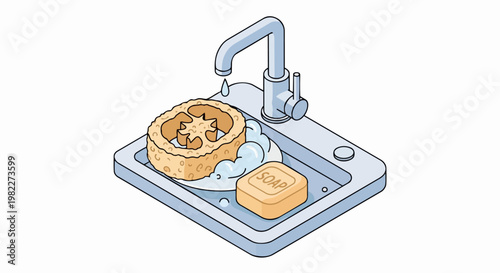 Isometric Bathroom Sink with Natural Loofah and Soap Bar Illustration