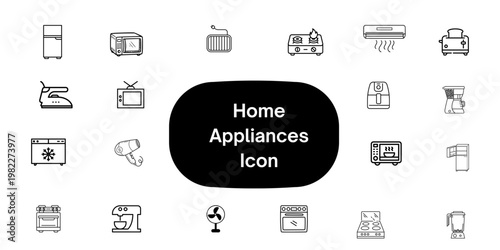 Modern Home Appliances Icon Set – Minimalist Kitchen and Household Electronic Illustrations for E-commerce and Retail Catalogs