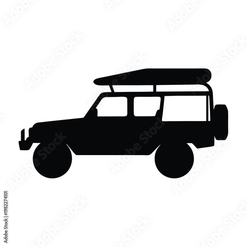 Silhouette of an overland vehicle equipped with a rooftop tent and spare tire