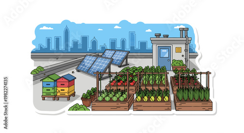Urban farm with solar panels and city skyline
