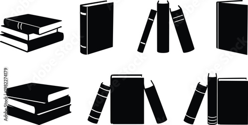 Book silhouettes arrangement, stacked closed books, upright leaning volumes, reading icons, literature design, education concept, publishing illustration, knowledge symbol, library resource