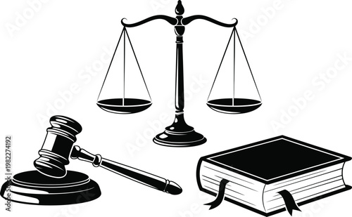 Justice symbols with gavel, scales, and law book in monochrome illustration
