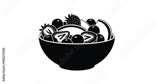 A black and white illustration depicts a bowl filled with various fresh fruits including strawberries and grapes