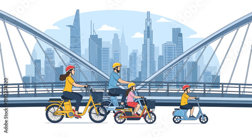City cyclists and scooter riders on bridge with skyline