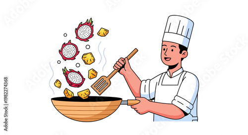 Chef cooking in kitchen with frying pan and ingredients
