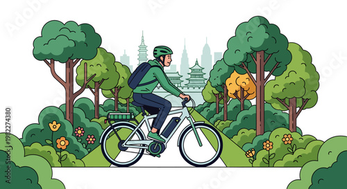 person riding bicycle in park with trees and flowers