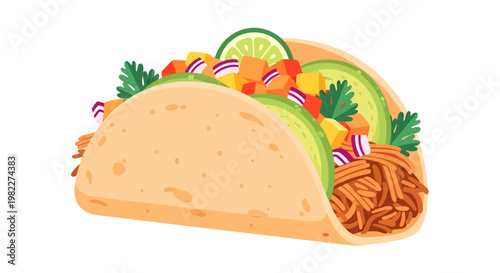 Colorful taco with avocado and lime on white background