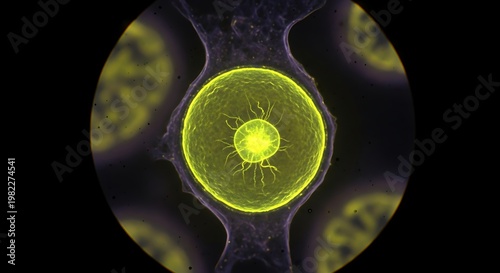 Microscopic cell glows with a vibrant neon yellow center while suspended in a dark laboratory environment, showcasing the intricate biological structure of a single organism under magnification.