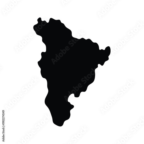 Detailed black silhouette of a geographical landmass against a plain white backdrop