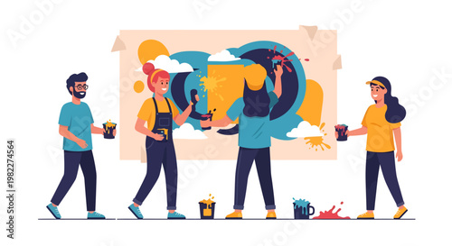 People painting a colorful mural on a large canvas together