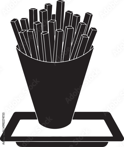 Black and white silhouette of french fries in paper cone on tray also transparent background