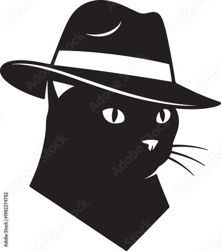 Black cat wearing a white and black fedora hat also transparent background, white hat black, and white