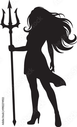 Silhouette of a woman holding a trident, long flowing hair, heels also transparent background