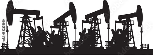 Silhouettes of four oil pumpjacks against a white background, also transparent background, machinery industrial