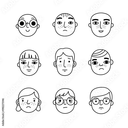 Diverse Cartoon Faces Expressing Various Emotions and Feelings