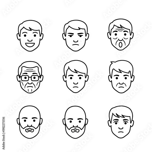 Diverse Male Faces Expressing Various Emotions and Ages - Icon Set