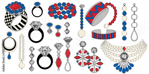 Assorted collection of luxury gemstone rings and beaded necklaces in red and blue with gemstone necklace earrings bracelet accessories collection ornament precious illustration artistic